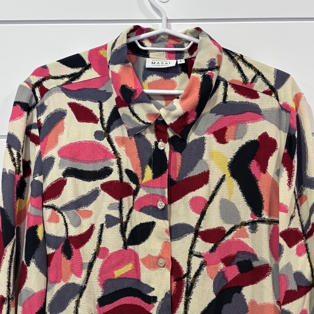 MASAI Copenhagen flowy fun floral print boho button up blouse size L